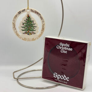 Vintage 1990s Spode Christmas Tree Ornament Ceramic Round Cutout Gold Trim Box